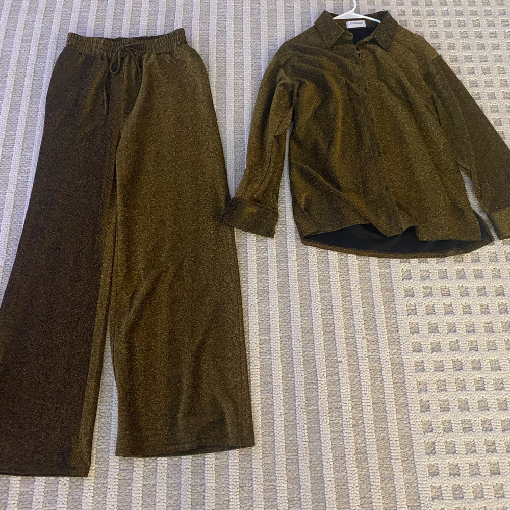 Retro 2Pc Top Pants Outfit Women’s Medium Metallic Gold Black Holiday Party